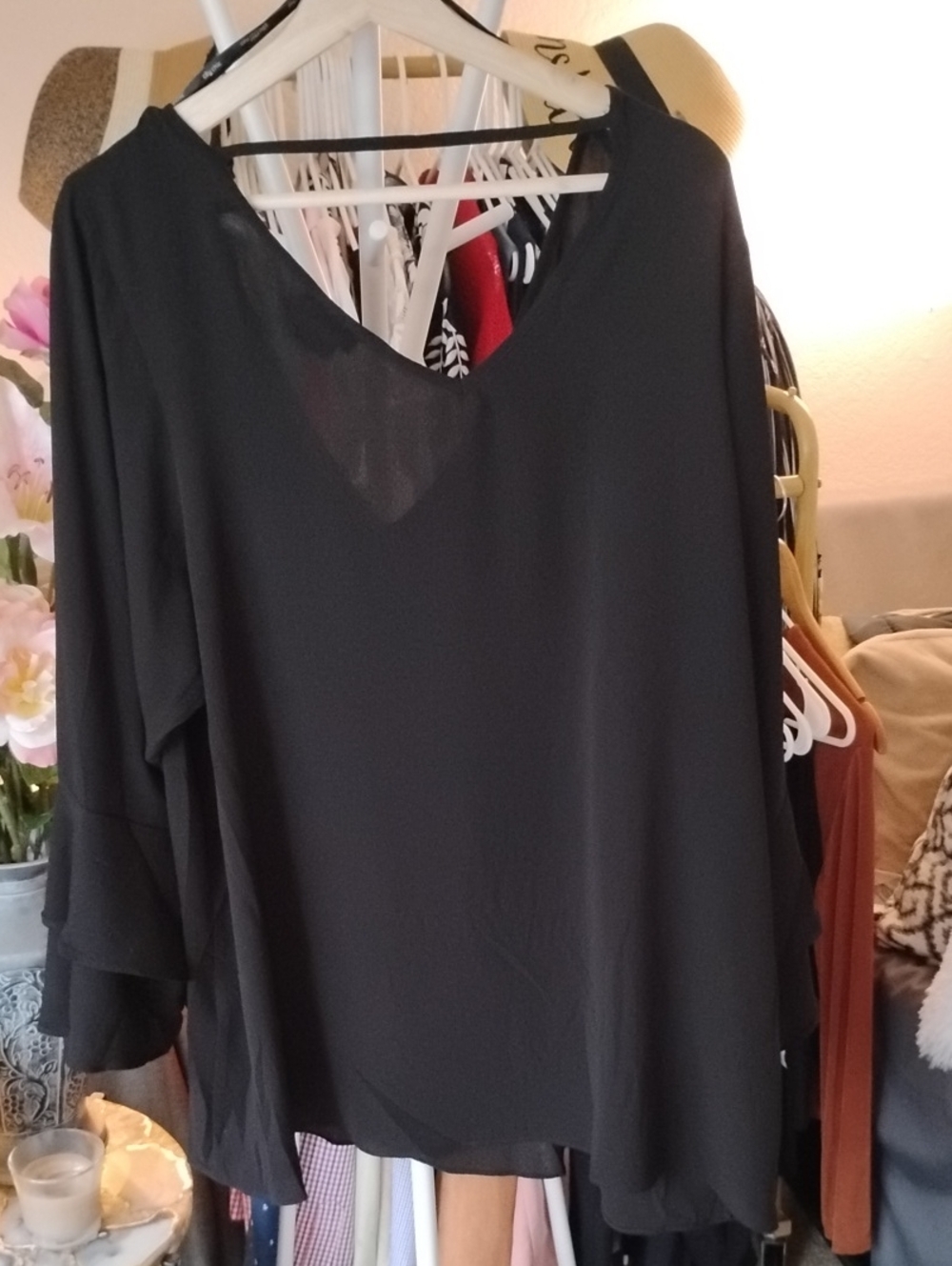 Sheer V-Neck/Back Ruffle Sleeve Blouse - Picture 7 of 9